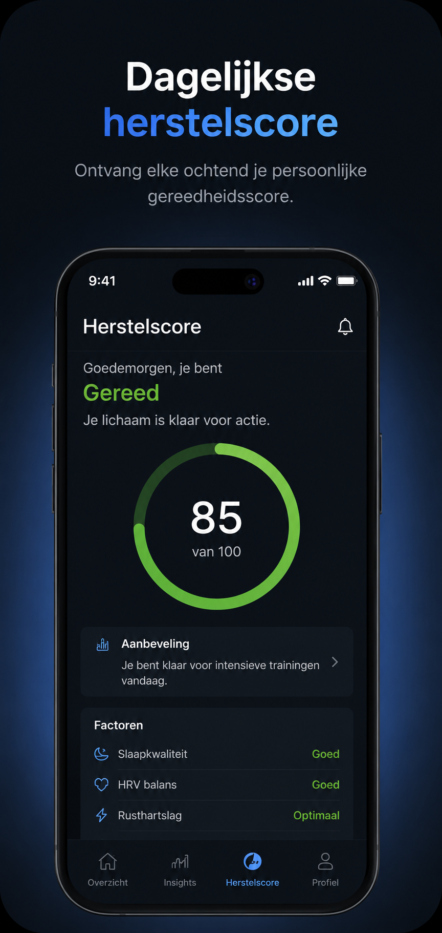 App-scherm dagelijkse herstelscore